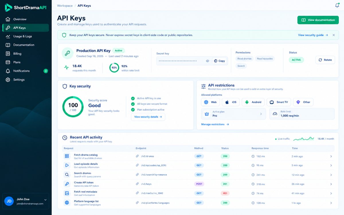 ShortDramaAPI Client Panel API Keys Management